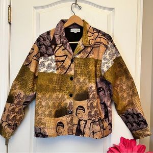 Vintage Kaktus Abstract Face Images Boho Cropped Button Down Jacket M
